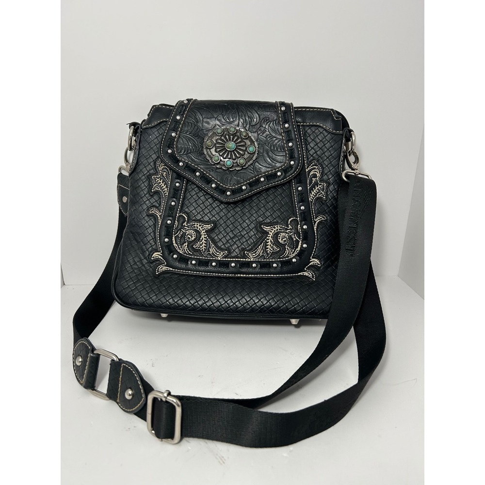 Montana West Black Western Crossbody Bag Turquoise Concho Studded Basketweave